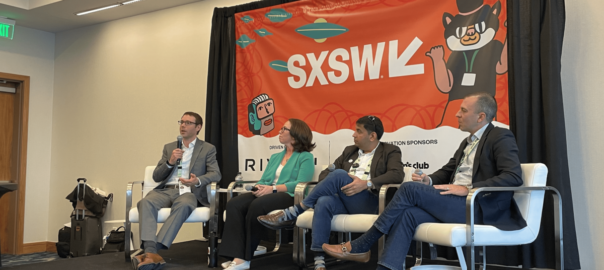 SXSW panel featuring Anurag discussing data center impacts, including water consumption and sustainability challenges, in front of a live audience at a conference setting.