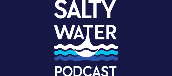 Salty Water Podcast logo with white text on a dark blue background and stylized blue wave graphics representing industry discussions and company growth stories.