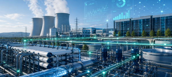 Industrial plant with interconnected water pipelines, cooling systems, and energy flows, visualizing the water–energy nexus and digital optimization improving efficiency, reducing energy consumption, and enhancing operational performance.